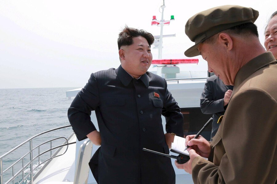 KCNA picture of North Korean leader Kim Jong Un watching the test-fire of a strategic submarine underwater ballistic missile